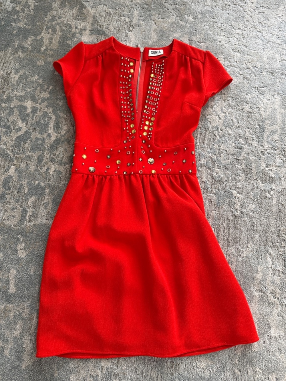Sonia Rykiel Red Studded Short-Sleeve Dress